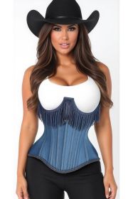 Top Drawer Steel Boned Blue Denim Underwire Underbust Corset Cincher w/Fringe (size: 2X)