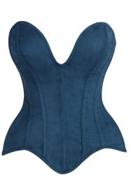 Top Drawer Steel Boned Blue Suede Deep Plunge Overbust Corset Top (size: small)