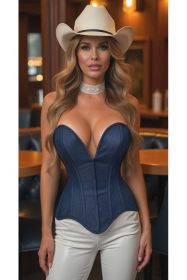 Top Drawer Steel Boned Dark Blue Denim Plunge Neckline Overbust Corset (size: XLarge)