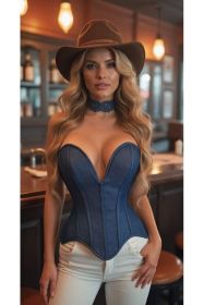 Top Drawer Steel Boned Dark Blue Denim Plunge Neckline Overbust Corset (size: small)