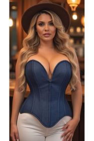 Top Drawer Steel Boned Dark Blue Denim Plunge Neckline Overbust Corset (size: 6X)
