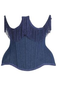 Top Drawer Steel Boned Dark Blue Denim Underwire Underbust Corset Cincher w/Fringe (size: 6X)