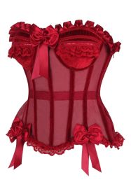 Top Drawer Steel Boned Dark Red Mesh & Velvet Underwire Bustier Corset (size: medium)