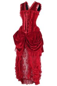 Top Drawer Steel Boned Dark Red Velvet Victorian Bustle Corset Dress (size: small)