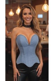 Top Drawer Steel Boned Light Blue Denim Plunge Neckline Overbust Corset (size: 2X)