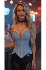 Top Drawer Steel Boned Light Blue Denim Plunge Neckline Overbust Corset (size: 3X)