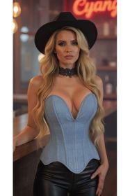 Top Drawer Steel Boned Light Blue Denim Plunge Neckline Overbust Corset (size: large)