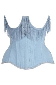 Top Drawer Steel Boned Light Blue Denim Underwire Underbust Corset Cincher w/Fringe (size: 5X)