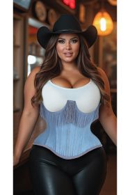 Top Drawer Steel Boned Light Blue Denim Underwire Underbust Corset Cincher w/Fringe (size: 2X)