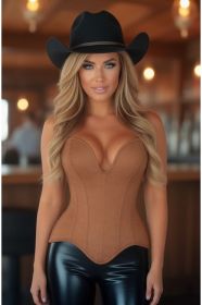 corTop Drawer Steel Boned Tan Suede Deep Plunge Overbust Corset Top (size: XSmall)