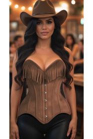 Top Drawer Tan Suede Steel Boned Overbust Corset w/Fringe (size: large)