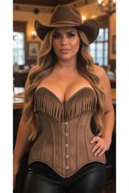 Top Drawer Tan Suede Steel Boned Overbust Corset w/Fringe (size: XLarge)